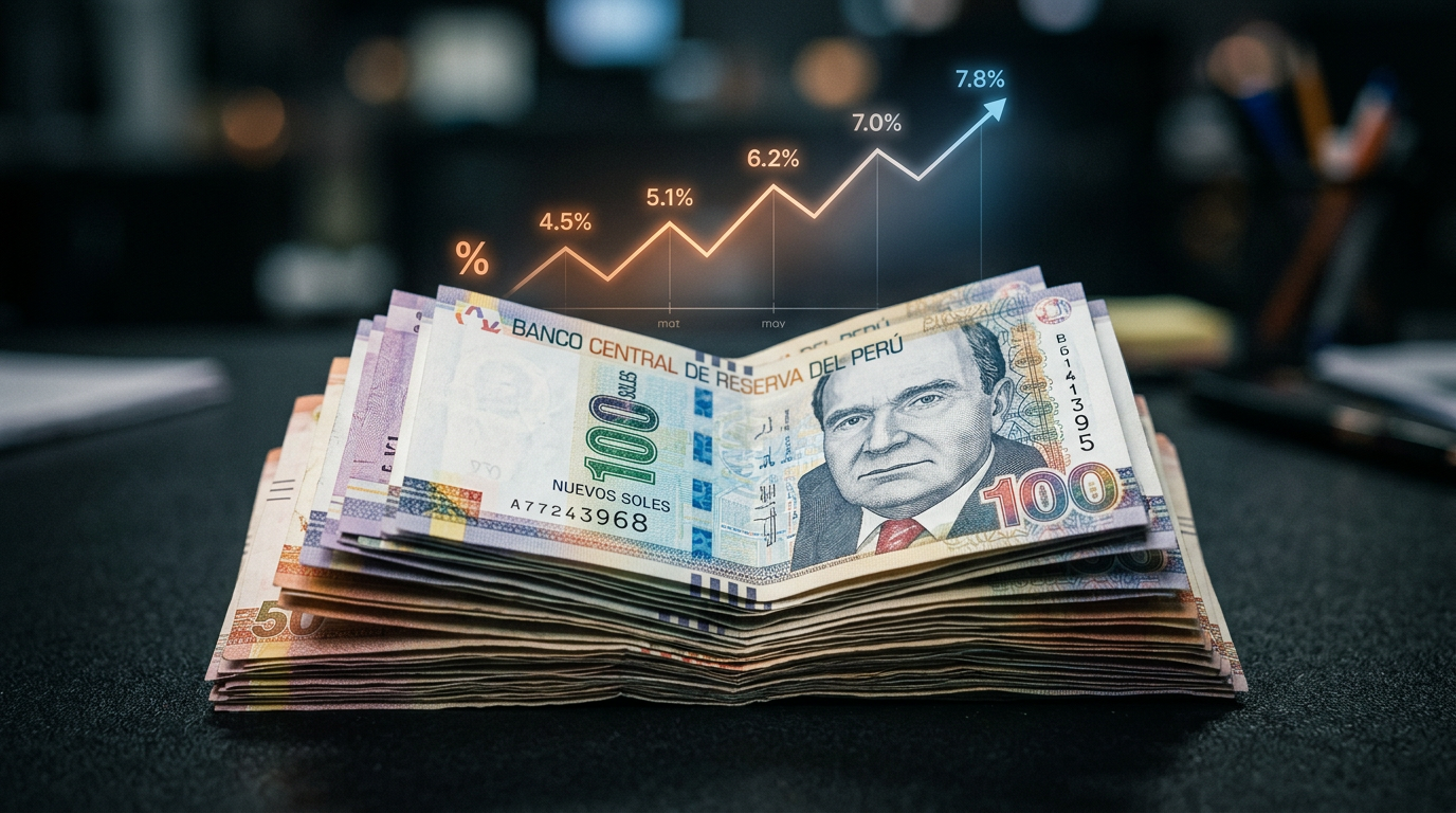 Billetes de soles peruanos con gráfico de tasas de interés en alza