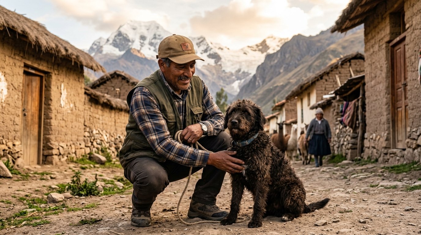 Cinólogo junto a un perro Chaku Andino en una comunidad altoandina del Cusco